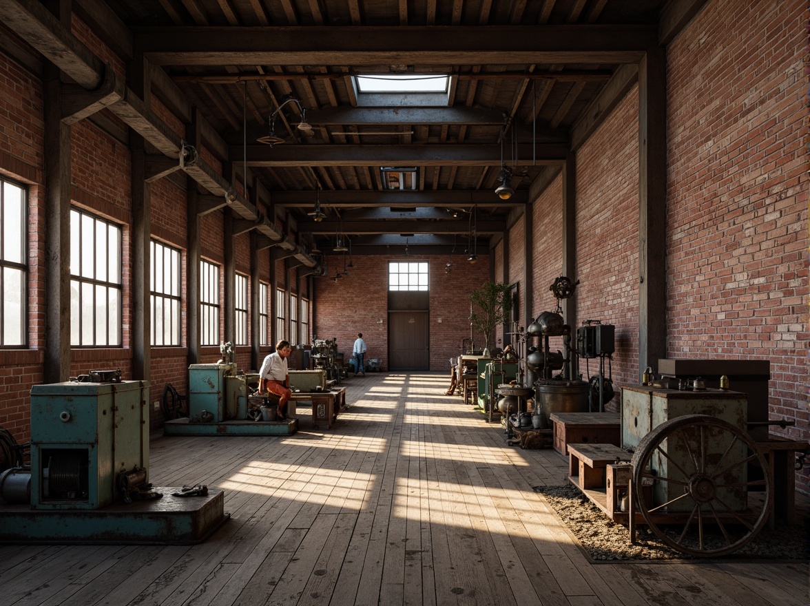 Prompt: Industrial factory setting, exposed brick walls, metal beams, worn wooden floors, vintage machinery, distressed textures, earthy tones, muted colors, rusty reds, weathered blues, faded yellows, industrial greys, urban atmosphere, gritty realism, high contrast lighting, dramatic shadows, cinematic composition, 1/2 camera angle, realistic renderings, ambient occlusion.