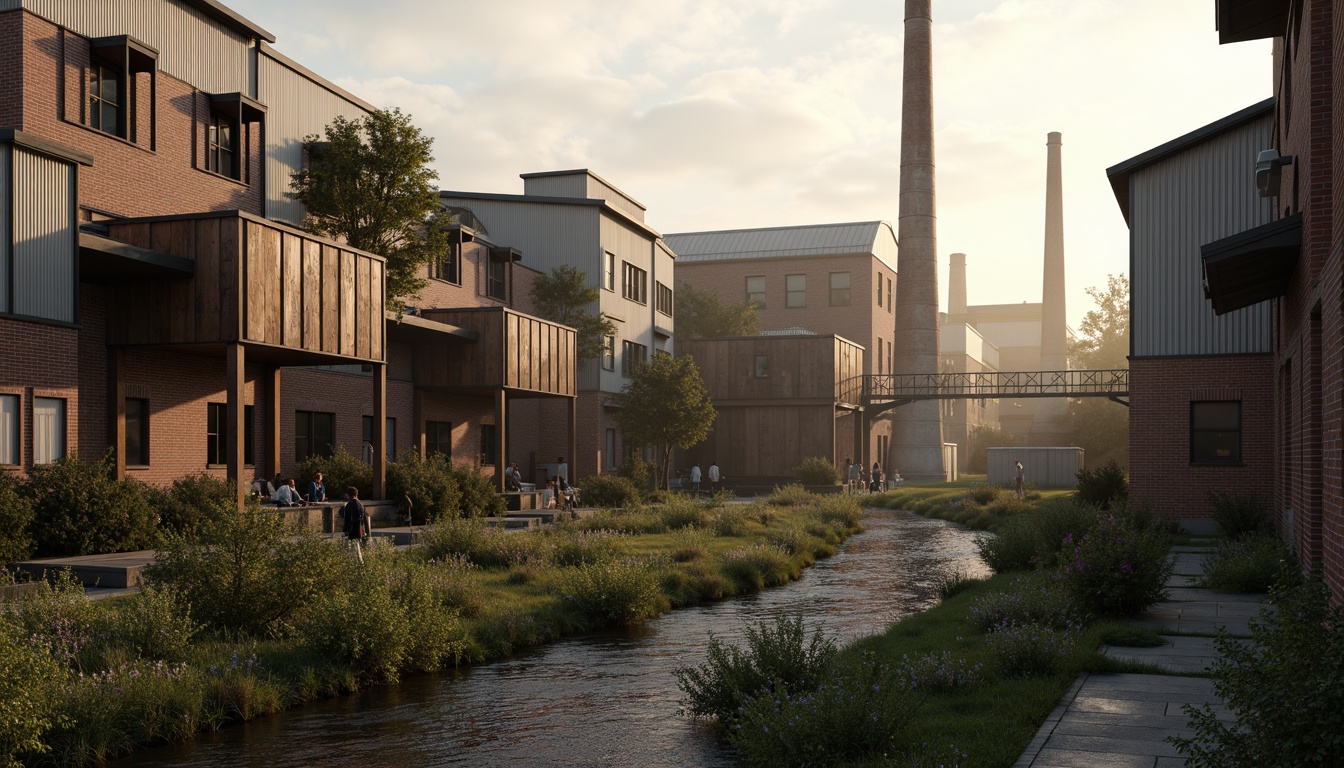 Prompt: Industrial factory complex, rustic brick buildings, corrugated metal roofs, worn concrete walls, vintage machinery, abandoned chimneys, overgrown vegetation, wildflowers, meandering streams, misty atmosphere, soft warm lighting, shallow depth of field, 3/4 composition, panoramic view, realistic textures, ambient occlusion, regionalism-inspired architecture, modern industrial design, functional spaces, exposed ductwork, metal catwalks, reclaimed wood accents, earthy color palette, natural stone pathways, weathered steel bridges.