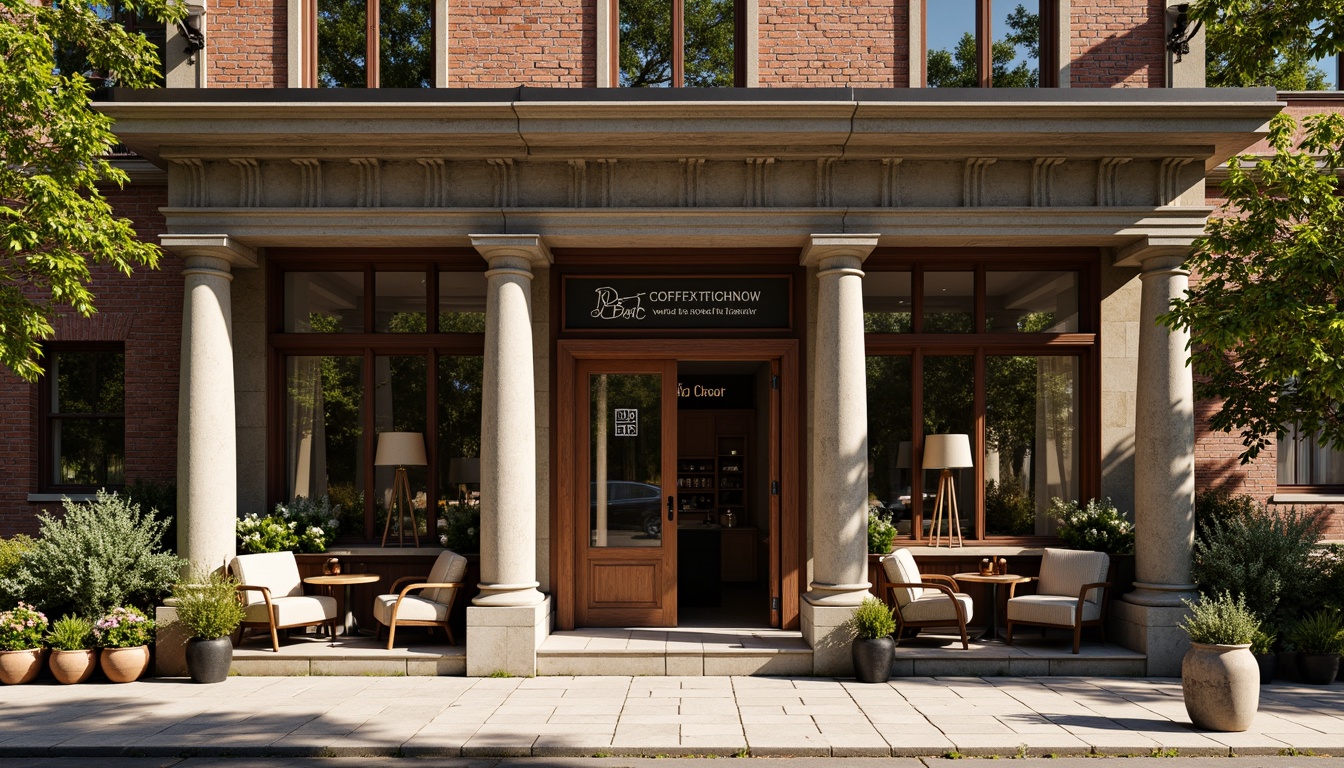 Prompt: Rustic coffee shop facade, academic architectural style, brick walls, stone columns, ornate details, wooden doors, vintage signage, cozy atmosphere, warm lighting, earthy tones, natural materials, greenery surroundings, blooming flowers, sunny day, soft focus, shallow depth of field, 1/1 composition, realistic textures, ambient occlusion.