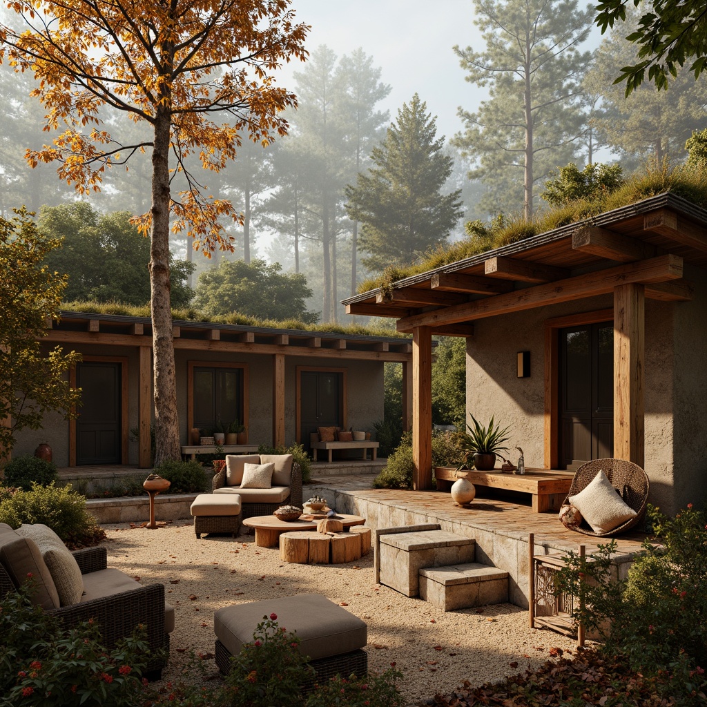 Prompt: Earthy cabin, wooden accents, natural stone walls, rustic brown furniture, woven textiles, earthy color palette, warm beige tones, soft sienna hues, moss-covered roofs, forest surroundings, misty morning, warm sunlight, shallow depth of field, 1/1 composition, realistic textures, ambient occlusion.