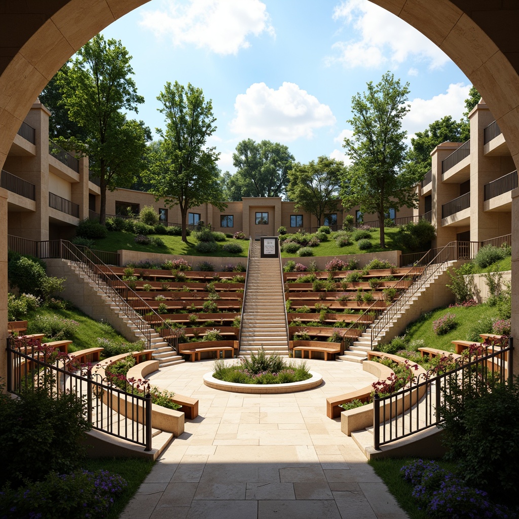 Prompt: Grand amphitheater, tiered seating, natural stone walls, lush greenery, vibrant flowers, wooden benches, educational signs, curved architecture, grand staircase, ornate railings, warm lighting, shallow depth of field, 3/4 composition, panoramic view, realistic textures, ambient occlusion.