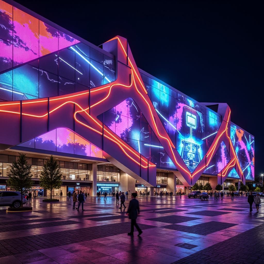 Prompt: Vibrant stadium facade, dynamic curves, bold angular lines, futuristic expressionist architecture, neon-lit LED lights, abstract geometric patterns, irregular shapes, clashing colors, distorted proportions, oversized arches, sweeping cantilevers, dramatic shadows, high-contrast lighting, 1/2 composition, low-angle shot, cinematic atmosphere, realistic materials, ambient occlusion.