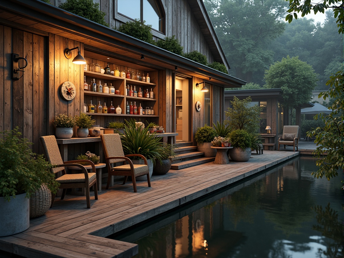 Prompt: Whimsical boathouse, eclectic facade, distressed wood textures, vintage nautical elements, rusty metal accents, colorful glass bottles, woven wicker furniture, lush greenery, overgrown vegetation, misty morning atmosphere, soft warm lighting, shallow depth of field, 1/1 composition, realistic water reflections, ambient occlusion.