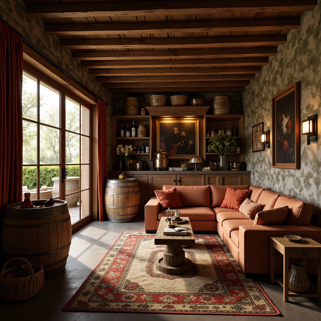 Prompt: Rustic winery interior, earthy tone fabrics, natural fiber upholstery, woven baskets, wooden accents, stone walls, dim warm lighting, cozy atmosphere, plush area rugs, rich velvet drapes, metallic wine barrels, wooden wine crates, vintage wine-making equipment, distressed wood shelving, soft golden lighting, shallow depth of field, 1/1 composition, realistic textures, ambient occlusion.