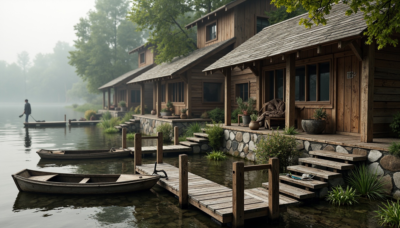 Prompt: Rustic wooden boathouse, weathered planks, distressed finishes, natural stone foundations, moss-covered roofs, overhanging eaves, wooden docks, nautical ropes, vintage anchors, aquatic plants, serene lake views, misty morning atmosphere, soft warm lighting, shallow depth of field, 1/1 composition, realistic textures, ambient occlusion.