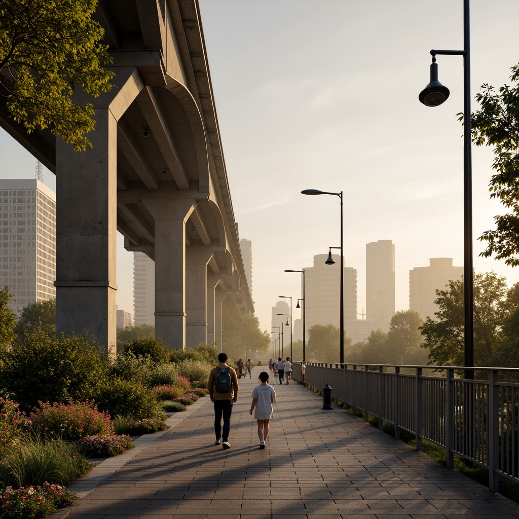 Prompt: Urban bridge, steel arches, modern infrastructure, cityscape views, misty morning fog, warm golden lighting, soft gradient skies, concrete pillars, industrial textures, metallic railings, vibrant greenery, blooming flowers, pedestrian walkways, cyclist paths, urban furniture, sleek streetlights, atmospheric perspective, 1/2 composition, realistic reflections, ambient occlusion.