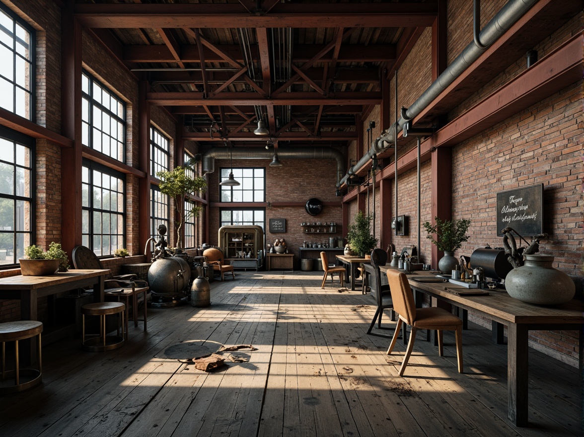 Prompt: Industrial factory setting, exposed brick walls, metal beams, worn wooden floors, vintage machinery, distressed textures, earthy tones, muted colors, rusty reds, weathered blues, faded yellows, industrial greys, urban atmosphere, gritty realism, high contrast lighting, dramatic shadows, cinematic composition, 1/2 camera angle, realistic renderings, ambient occlusion.