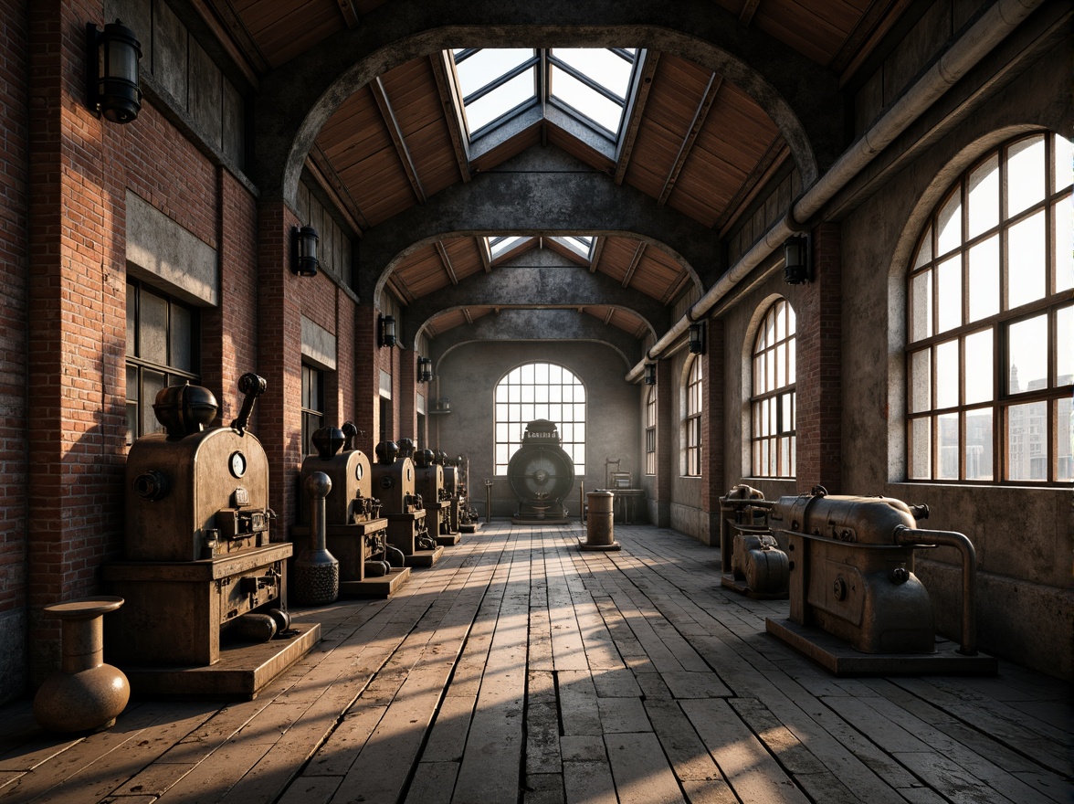 Prompt: Industrial factory setting, exposed brick walls, metal beams, worn wooden floors, distressed concrete textures, vintage machinery, rusty pipes, urban cityscape, cloudy grey skies, warm golden lighting, shallow depth of field, 1/2 composition, realistic materials, ambient occlusion, muted color palette, earthy tones, weathered steel blues, faded reds, industrial greens, creamy whites, rich browns.