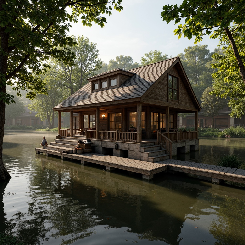 Prompt: Rustic boathouse, wooden dock, serene lake waters, lush greenery, overhanging trees, vintage nautical elements, distressed wood textures, earthy color palette, natural stone foundations, classic architectural details, ornate metalwork, lantern-style lighting, warm golden hour, soft misty atmosphere, shallow depth of field, 1/2 composition, symmetrical framing, realistic water reflections, ambient occlusion.