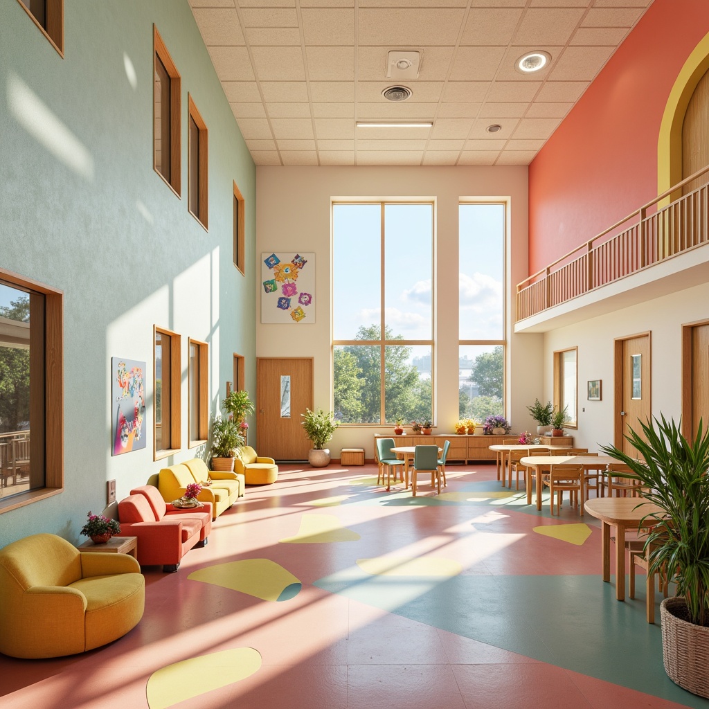 Prompt: Vibrant elementary school, playful color scheme, soft pastel hues, creamy whites, warm beige tones, gentle blues, sunny yellows, bright coral accents, whimsical patterns, educational signage, modern furniture designs, rounded shapes, natural wood textures, large windows, abundant natural light, shallow depth of field, 3/4 composition, panoramic view, realistic textures, ambient occlusion.