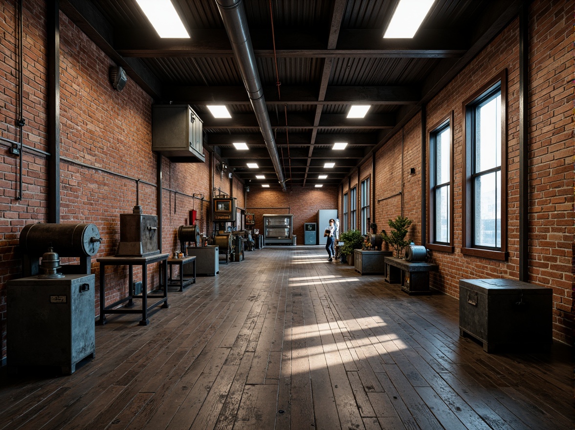 Prompt: Industrial factory setting, exposed brick walls, metal beams, worn wooden floors, vintage machinery, distressed textures, earthy tones, muted colors, rusty reds, weathered blues, faded yellows, industrial greys, urban atmosphere, gritty realism, high contrast lighting, dramatic shadows, cinematic composition, 1/2 camera angle, realistic renderings, ambient occlusion.