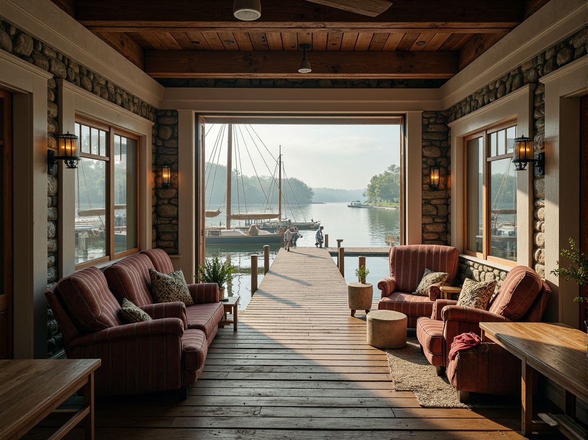 Prompt: Weathered wooden docks, rustic nautical ropes, vintage sailboats, serene lake scenery, misty morning atmosphere, soft warm lighting, natural stone foundations, classic boathouse architecture, earthy brown color palette, muted green accents, creamy white trim, distressed wood textures, ornate metal fixtures, elegant lanterns, cozy interior spaces, plush furnishings, rich wood tones, subtle nautical patterns, nostalgic ambiance, shallow depth of field, 1/1 composition, realistic reflections.