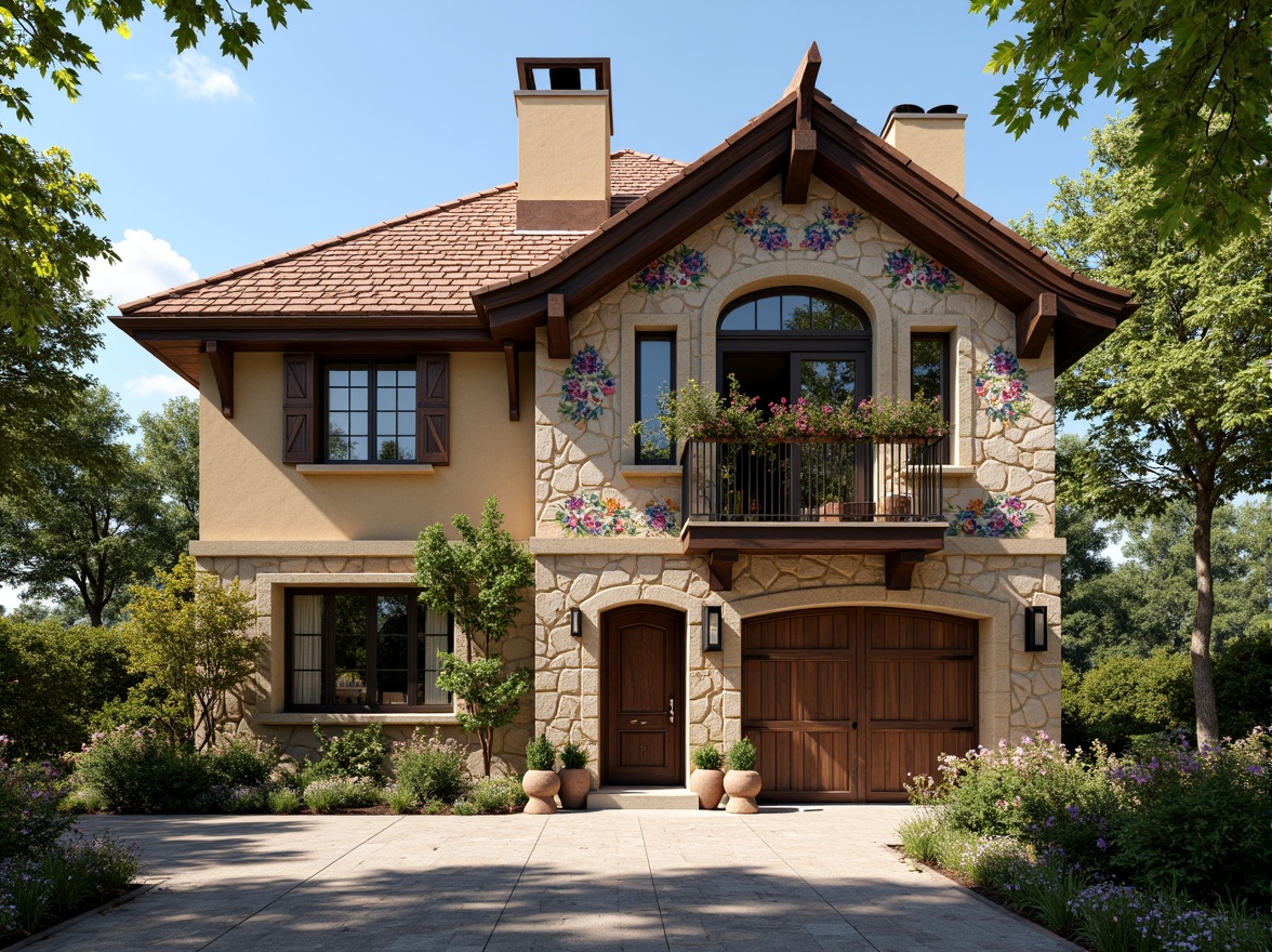 Prompt: Rustic regionalist facade, earthy tones, natural stone walls, wooden accents, steeply pitched roofs, ornate chimneys, decorative trusses, vibrant floral patterns, colorful ceramic tiles, intricate stonework, arched windows, heavy wooden doors, lush greenery, blooming vines, sunny day, warm soft lighting, shallow depth of field, 3/4 composition, panoramic view, realistic textures, ambient occlusion.