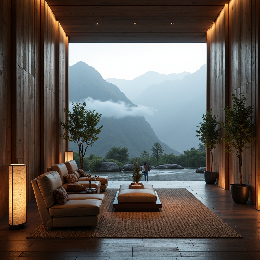 Prompt: Rustic wooden accents, earthy tones, natural textures, minimalist decor, subtle lighting, cinematic ambiance, cozy seating areas, floor-to-ceiling windows, panoramic views, serene landscapes, misty mountains, soft focus, shallow depth of field, 2.35