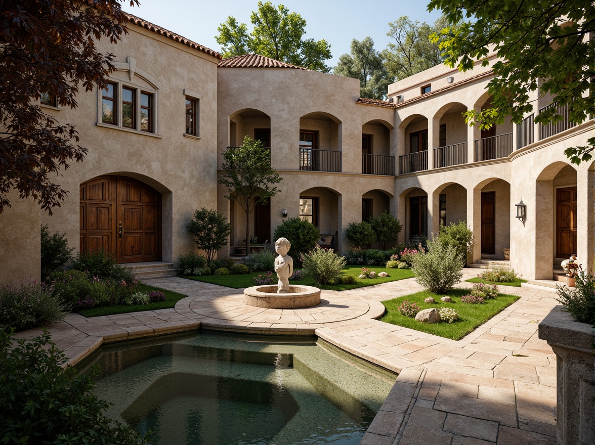 Prompt: Serene monastery courtyard, rustic stone walls, ornate wooden doors, tranquil water features, lush greenery, vibrant flowers, peaceful statues, intricate stonework, regional architectural elements, curved lines, earthy color palette, natural light filtering, warm ambient lighting, shallow depth of field, 3/4 composition, panoramic view, realistic textures, ambient occlusion.