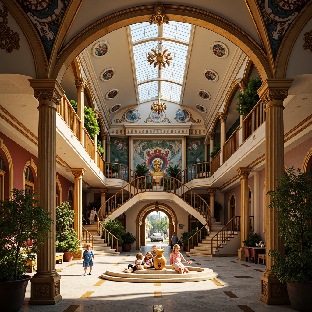 Prompt: Intricate kindergarten, ornate Baroque architecture, lavish decorations, golden accents, curved lines, grand entrance, sweeping staircases, opulent chandeliers, vibrant colorful murals, whimsical sculptures, playful fountains, lush greenery, soft warm lighting, shallow depth of field, 1/1 composition, realistic textures, ambient occlusion.