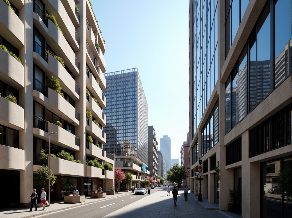 Prompt: Sleek modern buildings, curved lines, metallic surfaces, reflective glass facades, monochromatic color scheme, neutral tones, creamy whites, dark grays, bold accents, vibrant blues, warm beige, industrial materials, urban cityscape, busy streets, morning sunlight, soft shadows, 1/1 composition, symmetrical framing, high contrast lighting, realistic reflections.