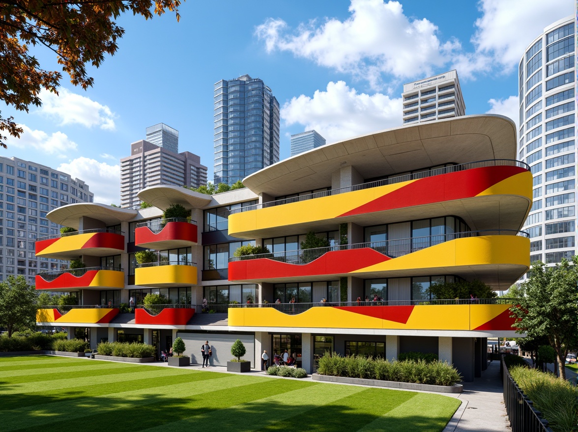 Prompt: Vibrant soccer stadium, social housing facade, bold color scheme, dynamic curves, angular lines, modern architecture, cantilevered roofs, large windows, metal cladding, concrete structures, urban landscape, city skyline, sunny day, dramatic lighting, shallow depth of field, 3/4 composition, panoramic view, realistic textures, ambient occlusion.