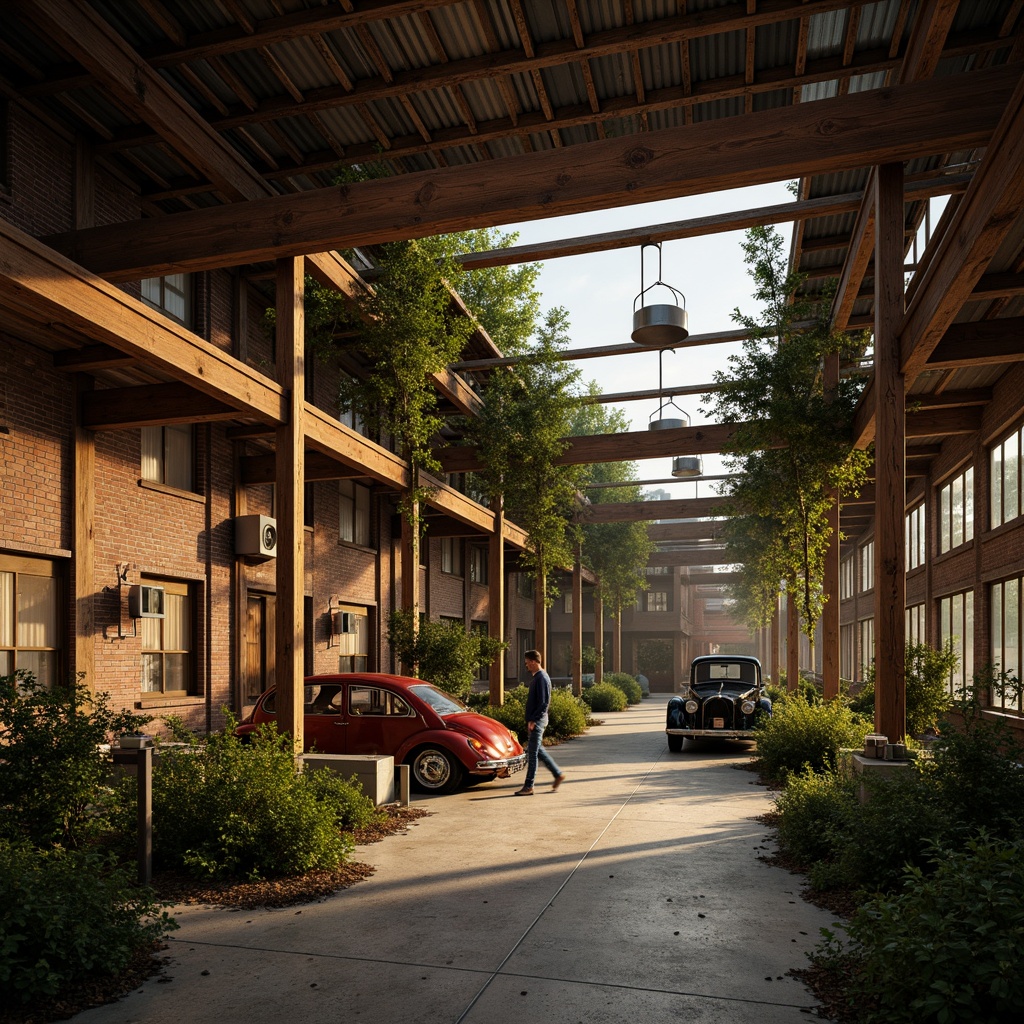 Prompt: Rustic industrial landscape, abandoned factories, distressed brick walls, corrugated metal roofs, worn wooden beams, vintage machinery, urban decay, overgrown vegetation, gritty urban atmosphere, warm golden lighting, shallow depth of field, 1/2 composition, cinematic view, realistic textures, ambient occlusion, nostalgic mood, retro-futuristic elements, exposed ductwork, concrete floors, steel columns, reclaimed wood accents, industrial chic aesthetic.