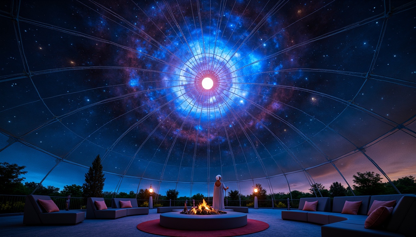 Prompt: Celestial planetarium dome, dark blues and purples, starry night sky, twinkling lights, nebula-inspired hues, iridescent colors, shimmering fabrics, metallic accents, futuristic architecture, spherical structure, immersive experience, 360-degree view, soft gradient lighting, atmospheric ambiance, mystical aura, cosmic-inspired patterns, glowing constellations, vibrant aurora borealis, ethereal mist, dreamy quality, surreal atmosphere.