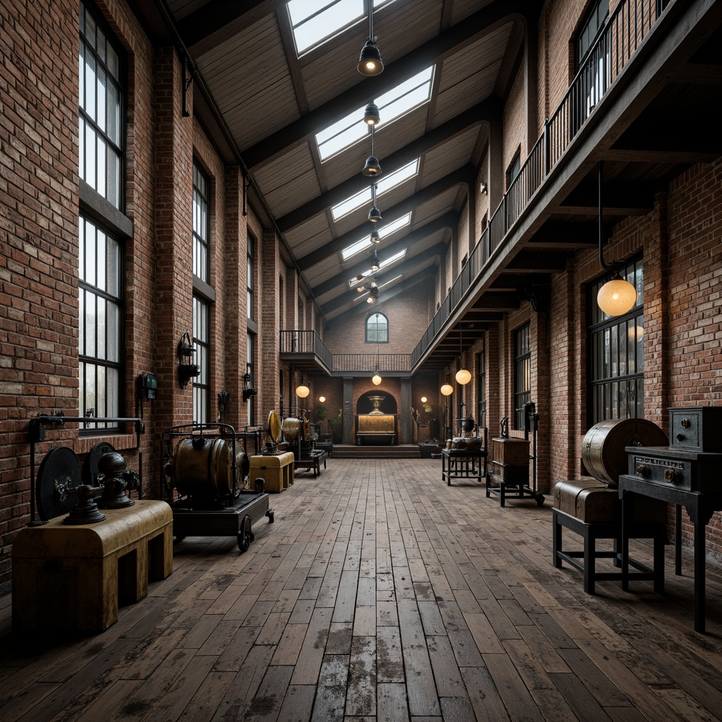 Prompt: Industrial factory setting, exposed brick walls, metal beams, worn wooden floors, vintage machinery, distressed textures, earthy tones, muted colors, rusty reds, weathered blues, faded yellows, industrial greys, urban atmosphere, gritty realism, high contrast lighting, dramatic shadows, cinematic composition, 1/2 camera angle, realistic renderings, ambient occlusion.