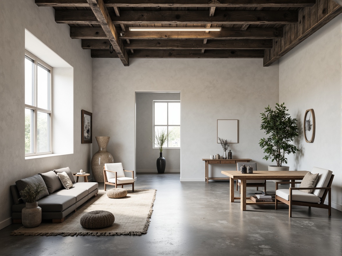 Prompt: Monochromatic color scheme, sleek lines, minimal ornamentation, polished concrete floors, matte white walls, industrial metal beams, reclaimed wood accents, low-profile furniture, subtle texture contrasts, ambient natural light, soft warm glow, 1/1 composition, shallow depth of field, realistic material reflections.