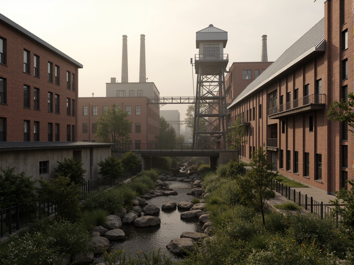 Prompt: Industrial factory complex, rustic brick buildings, corrugated metal roofs, worn concrete walls, vintage machinery, abandoned chimneys, overgrown vegetation, wildflowers, meandering streams, misty atmosphere, soft warm lighting, shallow depth of field, 3/4 composition, panoramic view, realistic textures, ambient occlusion, regionalism-inspired architecture, modern industrial design, functional spaces, exposed ductwork, metal catwalks, reclaimed wood accents, earthy color palette, natural stone pathways, weathered steel bridges.