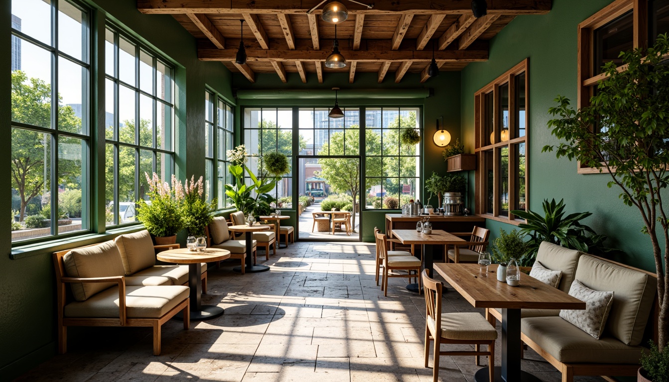 Prompt: Cozy coffee shop, lush green walls, reclaimed wood accents, natural stone flooring, comfortable seating areas, warm lighting fixtures, aromatic coffee scents, vibrant plant arrangements, rustic wooden tables, modern minimalist decor, floor-to-ceiling windows, outdoor patio seating, urban cityscape views, soft morning sunlight, shallow depth of field, 1/1 composition, realistic textures, ambient occlusion.