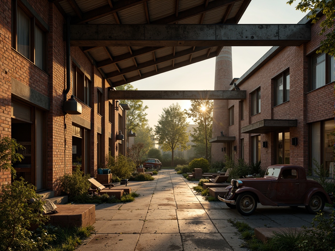 Prompt: Rustic industrial landscape, abandoned factories, distressed brick walls, corrugated metal roofs, worn wooden beams, vintage machinery, urban decay, overgrown vegetation, gritty urban atmosphere, warm golden lighting, shallow depth of field, 1/2 composition, cinematic view, realistic textures, ambient occlusion, nostalgic mood, retro-futuristic elements, exposed ductwork, concrete floors, steel columns, reclaimed wood accents, industrial chic aesthetic.