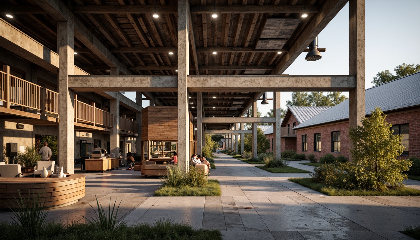 Prompt: Rustic industrial landscape, abandoned factories, worn brick walls, distressed metal roofs, reclaimed wood accents, earthy tones, natural textures, regional materials, local craftsmanship, exposed ductwork, concrete floors, steel beams, functional minimalism, industrial chic aesthetic, warm soft lighting, shallow depth of field, 1/1 composition, realistic renderings, ambient occlusion.