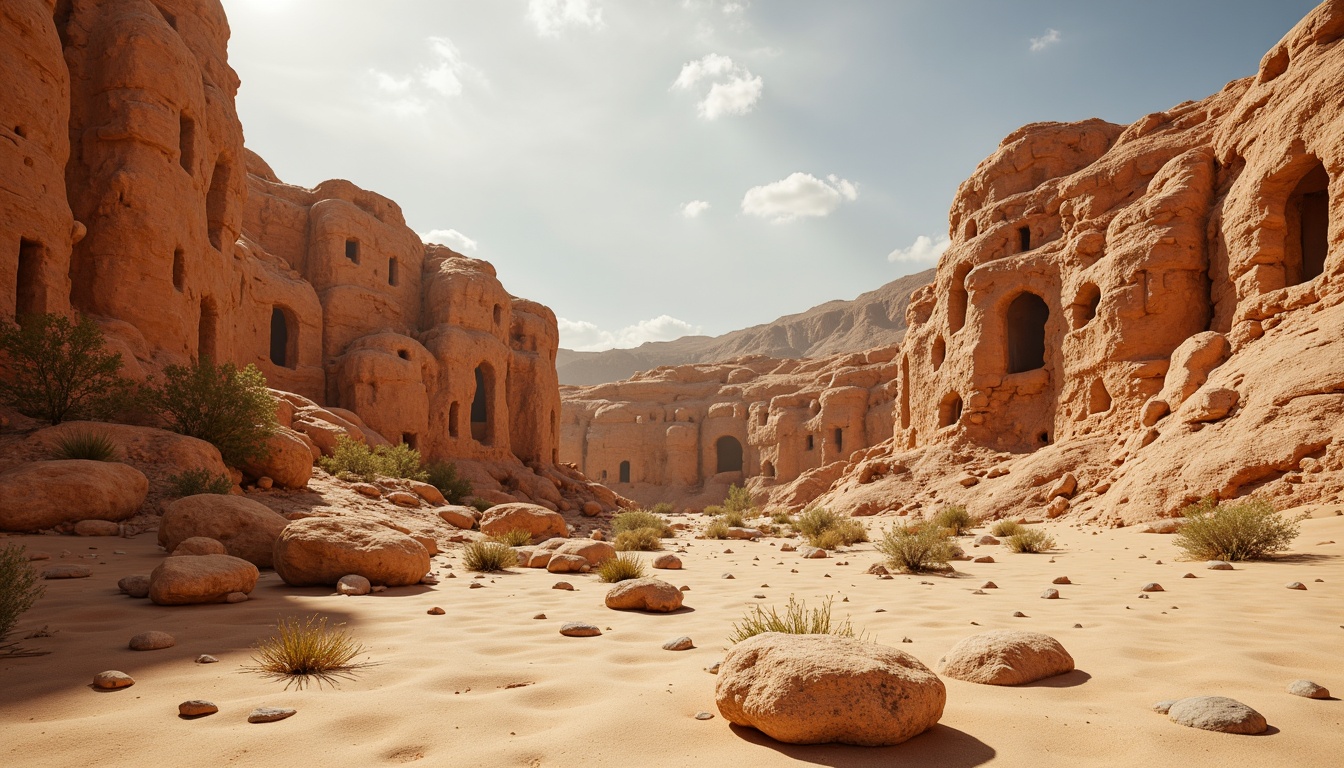 Prompt: Weathered sand-casted walls, rough stone textures, earthy tones, organic forms, natural erosion patterns, intricate rock formations, desert landscape, warm sunny day, soft diffused lighting, shallow depth of field, 3/4 composition, panoramic view, realistic textures, ambient occlusion.