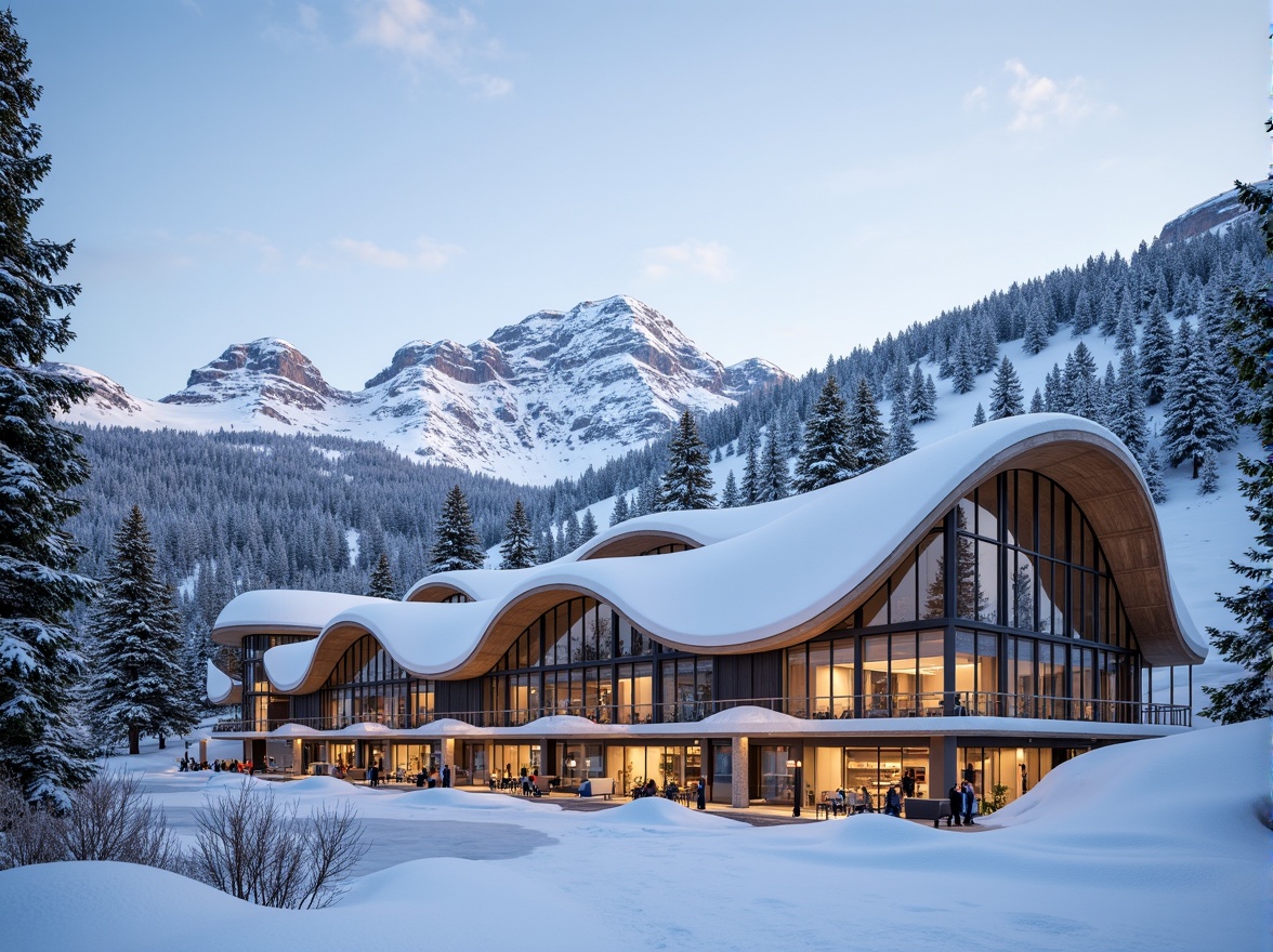 Prompt: Snow-capped mountains, frosty pine trees, icy slopes, ski lifts, curvaceous roofs, undulating walls, sinuous lines, dynamic shapes, modern ski center architecture, wooden accents, stone foundations, large windows, sliding glass doors, warm cozy interiors, rustic decor, crackling fireplaces, soft warm lighting, shallow depth of field, 1/1 composition, panoramic view, realistic textures, ambient occlusion.