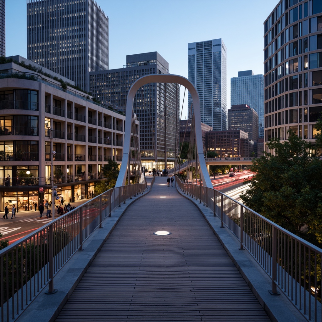 Prompt: Curved pedestrian bridge, sleek metal railings, wooden decking, modern urban landscape, city skyline, vibrant streetlights, bustling streets, dynamic structural elements, cantilevered sections, suspension cables, geometric shapes, minimalist design, functional lighting, safety features, accessible ramps, staircases, observation decks, panoramic views, realistic textures, ambient occlusion, shallow depth of field, 3/4 composition.