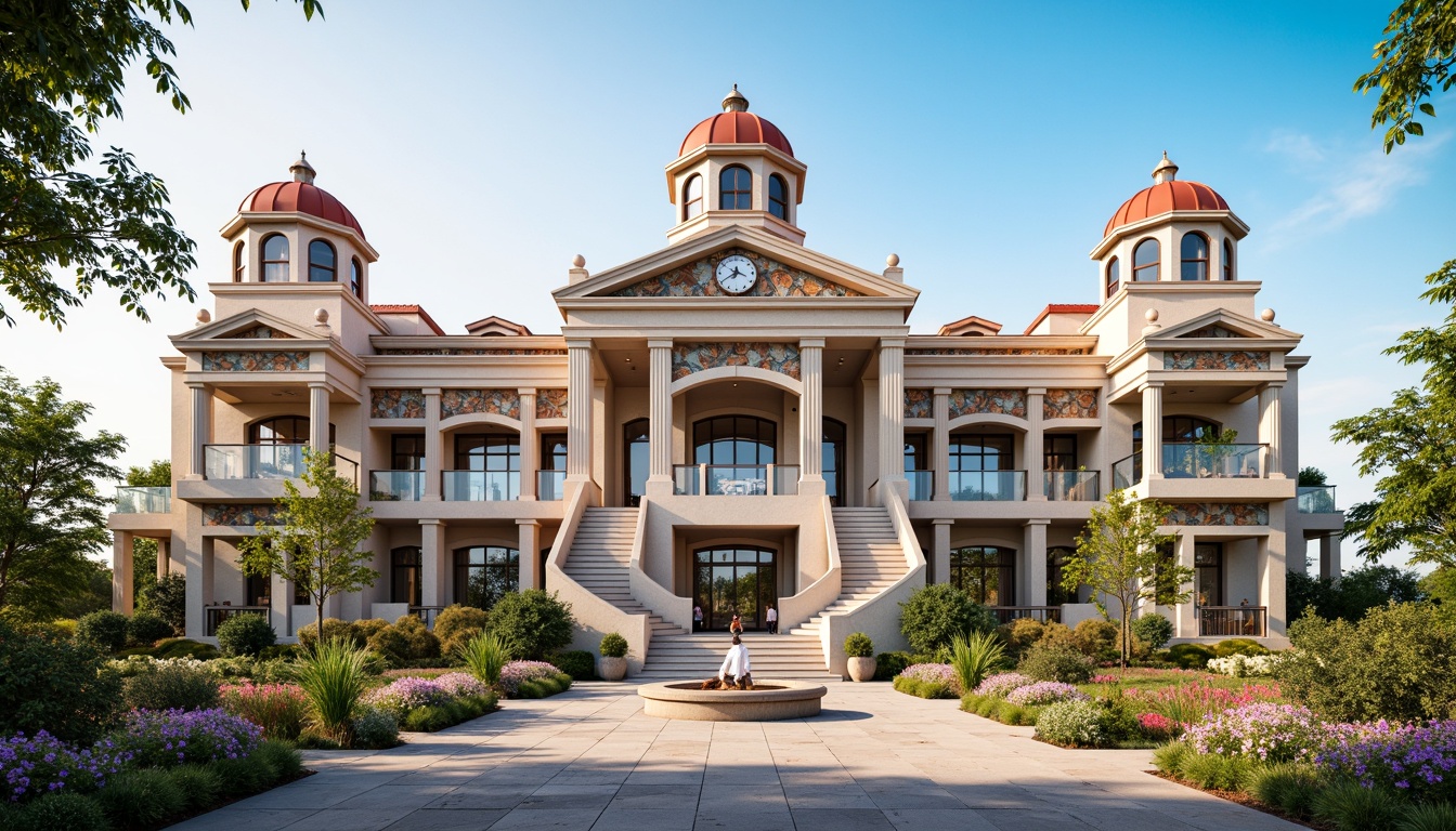 Prompt: Grandiose youth center facade, neoclassical architecture style, ornate columns, symmetrical composition, grand entrance, sweeping staircases, elegant archways, rusticated stone walls, decorative cornices, classical pediments, vibrant frescoes, intricate moldings, polished marble floors, stately clock towers, majestic domes, lush greenery, blooming flowers, sunny day, soft warm lighting, shallow depth of field, 3/4 composition, panoramic view, realistic textures, ambient occlusion.