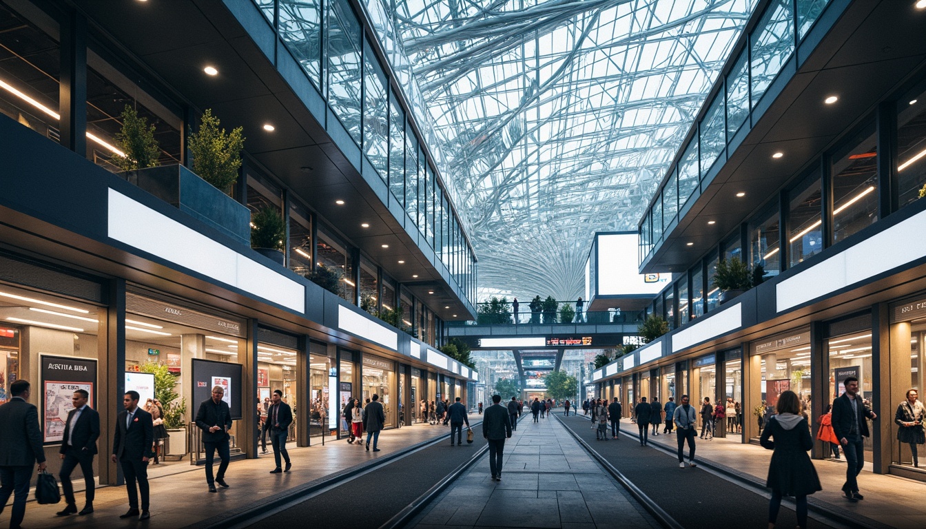 Prompt: Futuristic transportation hub, curved metallic structures, dynamic LED lighting, sleek glass fa\u00e7ades, angular steel beams, cantilevered roofs, elevated walkways, bustling pedestrian zones, vibrant urban landscapes, morning rush hour atmosphere, soft natural light, shallow depth of field, 1/2 composition, panoramic view, realistic reflections, ambient occlusion, intricate network patterns, high-tech materials, sustainable energy systems, green roofs, innovative ventilation technologies.