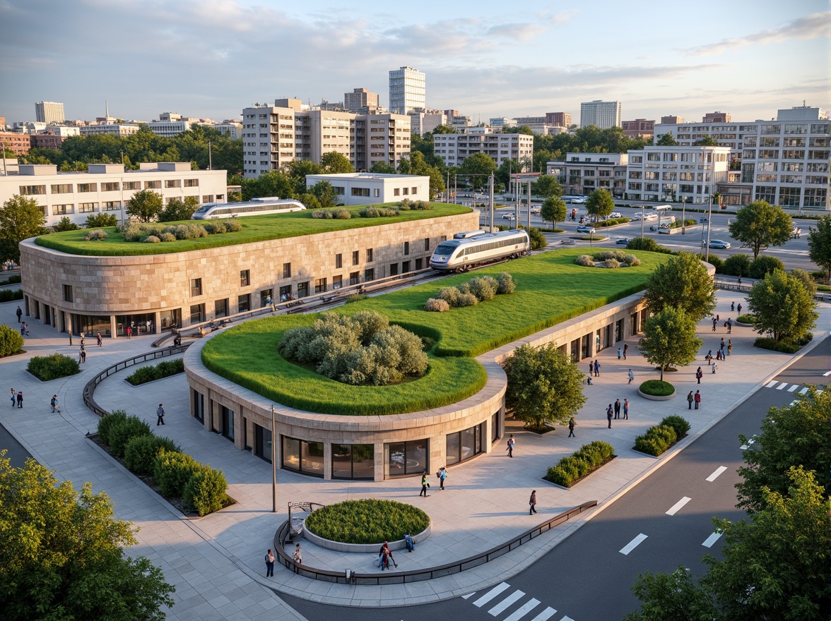 Prompt: Vibrant transportation hub, lush green roofs, natural stone walls, modern architecture, large windows, glass facades, bustling streets, pedestrian walkways, cyclist lanes, public art installations, urban furniture, dynamic lighting systems, shallow depth of field, 3/4 composition, panoramic view, realistic textures, ambient occlusion, integrated landscape design, native plant species, rainwater harvesting systems, green infrastructure, eco-friendly materials, sustainable transportation solutions, electric vehicle charging stations, futuristic train stations, bus rapid transit systems.