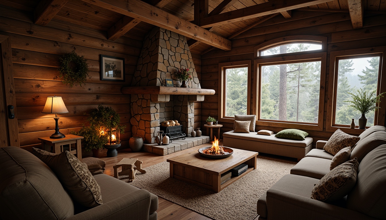 Prompt: Earthy cabin, wooden accents, natural stone walls, rustic brown furniture, woven textiles, vintage decorations, warm candlelight, cozy fireplace, autumnal forest surroundings, misty morning atmosphere, soft diffused lighting, shallow depth of field, 1/1 composition, realistic wood grain textures, ambient occlusion.