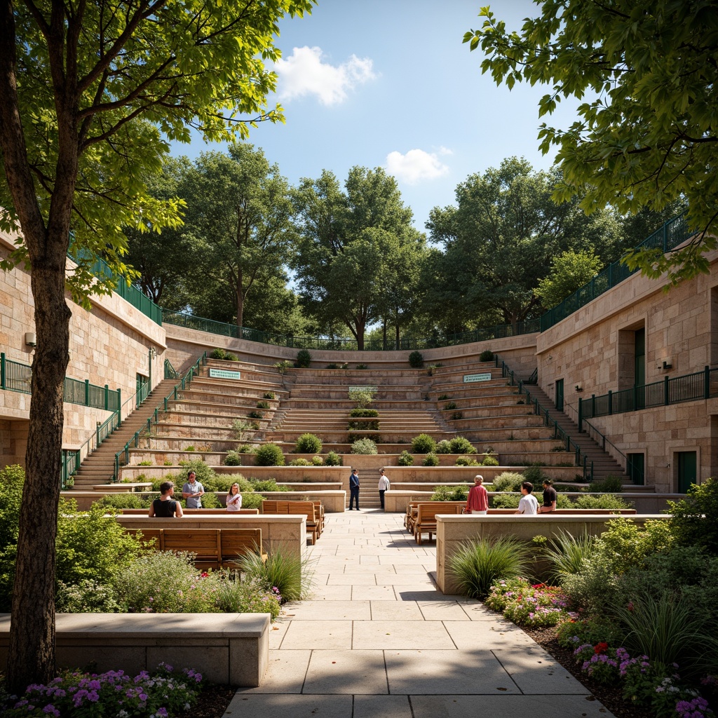 Prompt: Grand amphitheater, tiered seating, natural stone walls, lush greenery, vibrant flowers, wooden benches, educational signs, curved architecture, grand staircase, ornate railings, warm lighting, shallow depth of field, 3/4 composition, panoramic view, realistic textures, ambient occlusion.