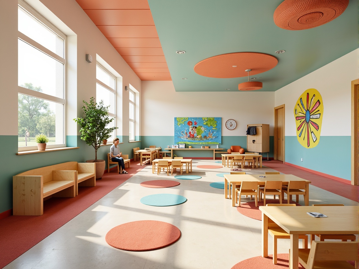 Prompt: Vibrant elementary school, playful color scheme, soft pastel hues, creamy whites, warm beige tones, gentle blues, sunny yellows, bright coral accents, whimsical patterns, educational signage, modern furniture designs, rounded shapes, natural wood textures, large windows, abundant natural light, shallow depth of field, 3/4 composition, panoramic view, realistic textures, ambient occlusion.