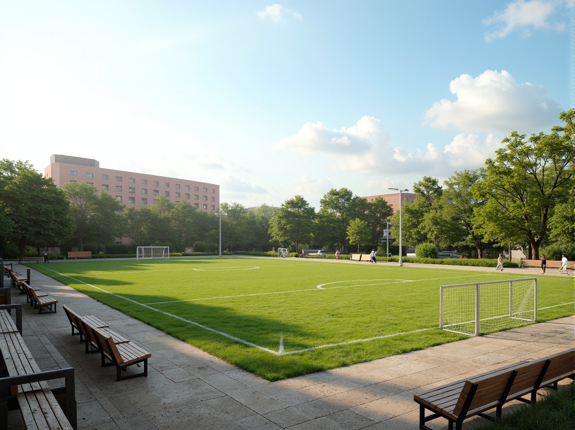 Prompt: Minimalist sports fields, lush green grass, subtle earthy tones, weathered wood bleachers, sleek metal goalposts, clean white lines, natural stone pathways, sparse trees, clear blue skies, warm sunny days, soft diffused lighting, shallow depth of field, 3/4 composition, panoramic view, realistic textures, ambient occlusion.