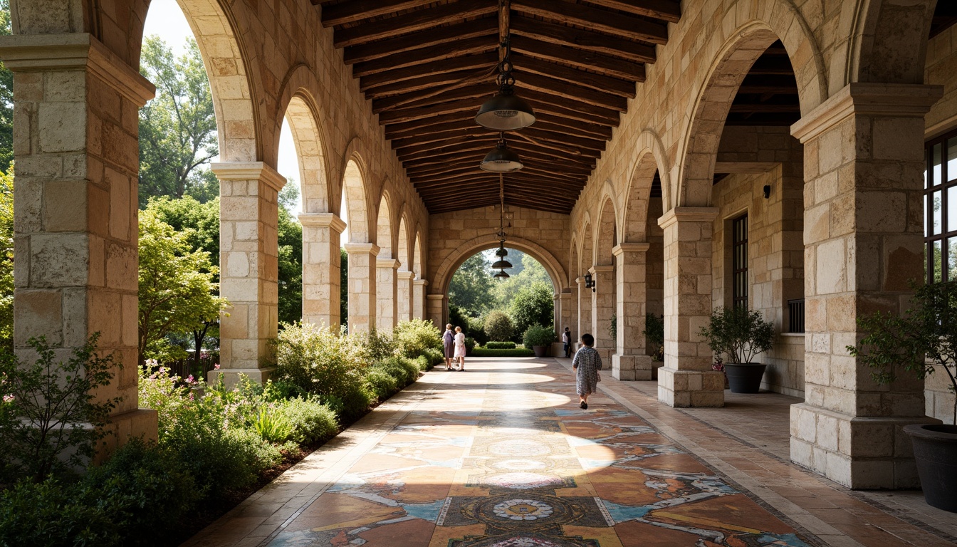 Prompt: Rustic stone walls, arched windows, ornate carvings, grand entrance halls, high ceilings, wooden beams, stained glass windows, vibrant colorful mosaics, intricate stone patterns, lush greenery, blooming flowers, sunny day, soft warm lighting, shallow depth of field, 3/4 composition, panoramic view, realistic textures, ambient occlusion.