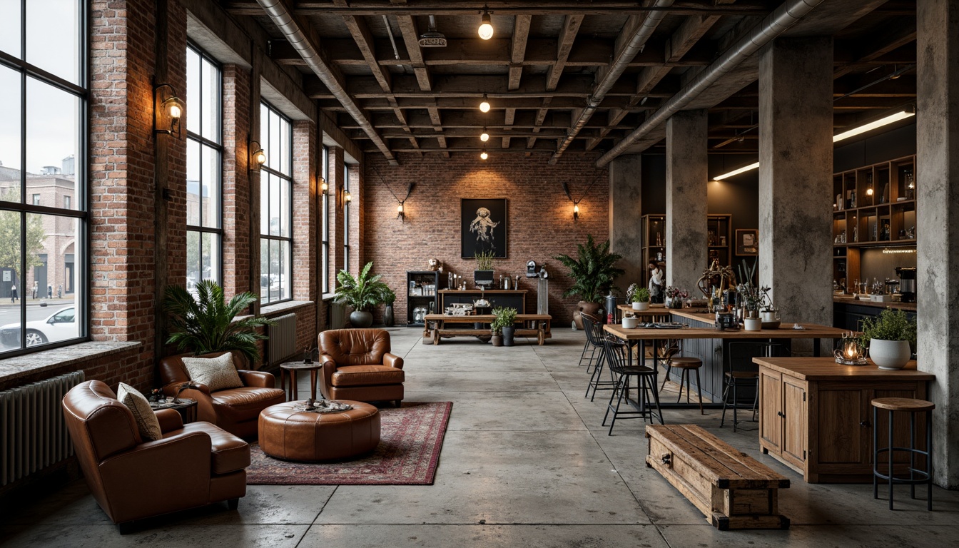 Prompt: Rustic industrial warehouse, exposed brick walls, metal beams, reclaimed wood accents, distressed concrete floors, vintage machinery, worn leather upholstery, metallic pipes, Edison bulb lighting, urban cityscape, cloudy grey sky, soft natural light, shallow depth of field, 2/3 composition, realistic textures, ambient occlusion.