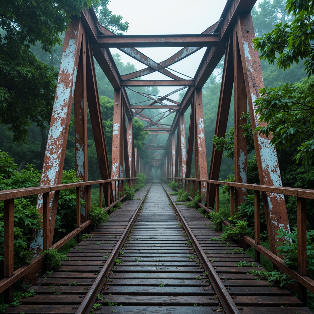 Prompt: Rustic steel bridges, industrial-era aesthetic, weathered metal textures, warm earthy tones, muted blue-grey hues, rich brown wood accents, vibrant greenery surroundings, misty atmospheric effects, soft natural lighting, shallow depth of field, 2/3 composition, cinematic view, realistic reflections, ambient occlusion.