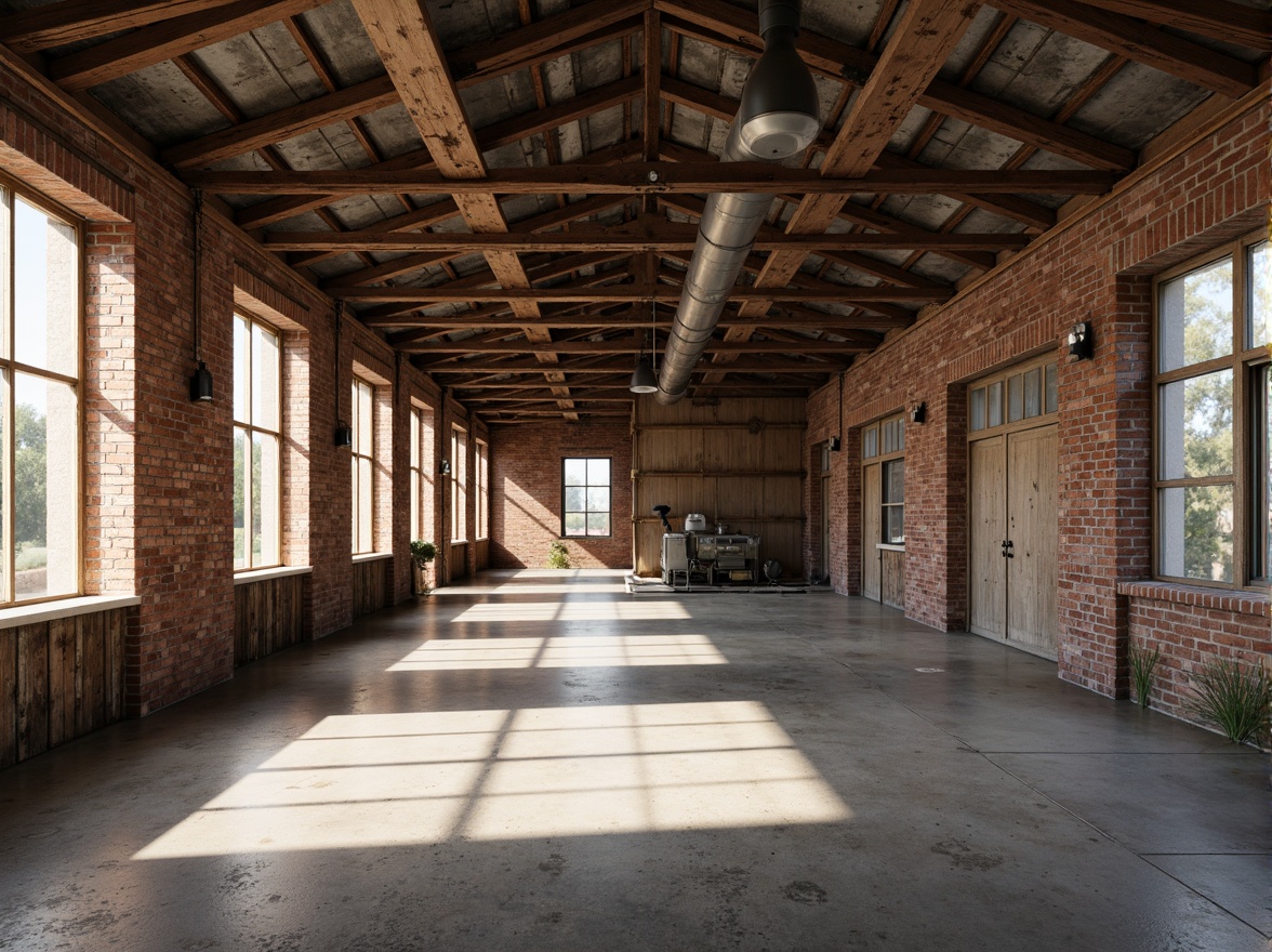 Prompt: Rustic industrial landscape, abandoned factories, worn brick walls, distressed metal roofs, reclaimed wood accents, earthy tones, natural textures, regional materials, local craftsmanship, exposed ductwork, concrete floors, steel beams, functional minimalism, industrial chic aesthetic, warm soft lighting, shallow depth of field, 1/1 composition, realistic renderings, ambient occlusion.