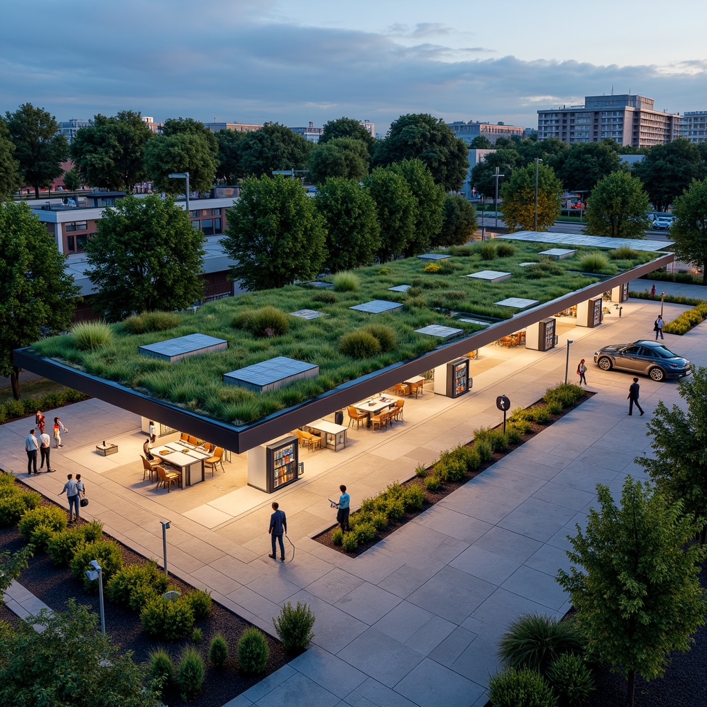 Prompt: Vibrant gas station, lush green roofs, native plant species, natural stone walls, modern architecture, sleek metal canopies, LED lighting, eco-friendly fueling systems, solar panels, rainwater harvesting systems, permeable pavement, stormwater management, outdoor seating areas, shaded walkways, pedestrian-friendly access, wheelchair-accessible ramps, clear signage, wayfinding graphics, warm color scheme, soft evening lighting, shallow depth of field, 3/4 composition, panoramic view, realistic textures, ambient occlusion.