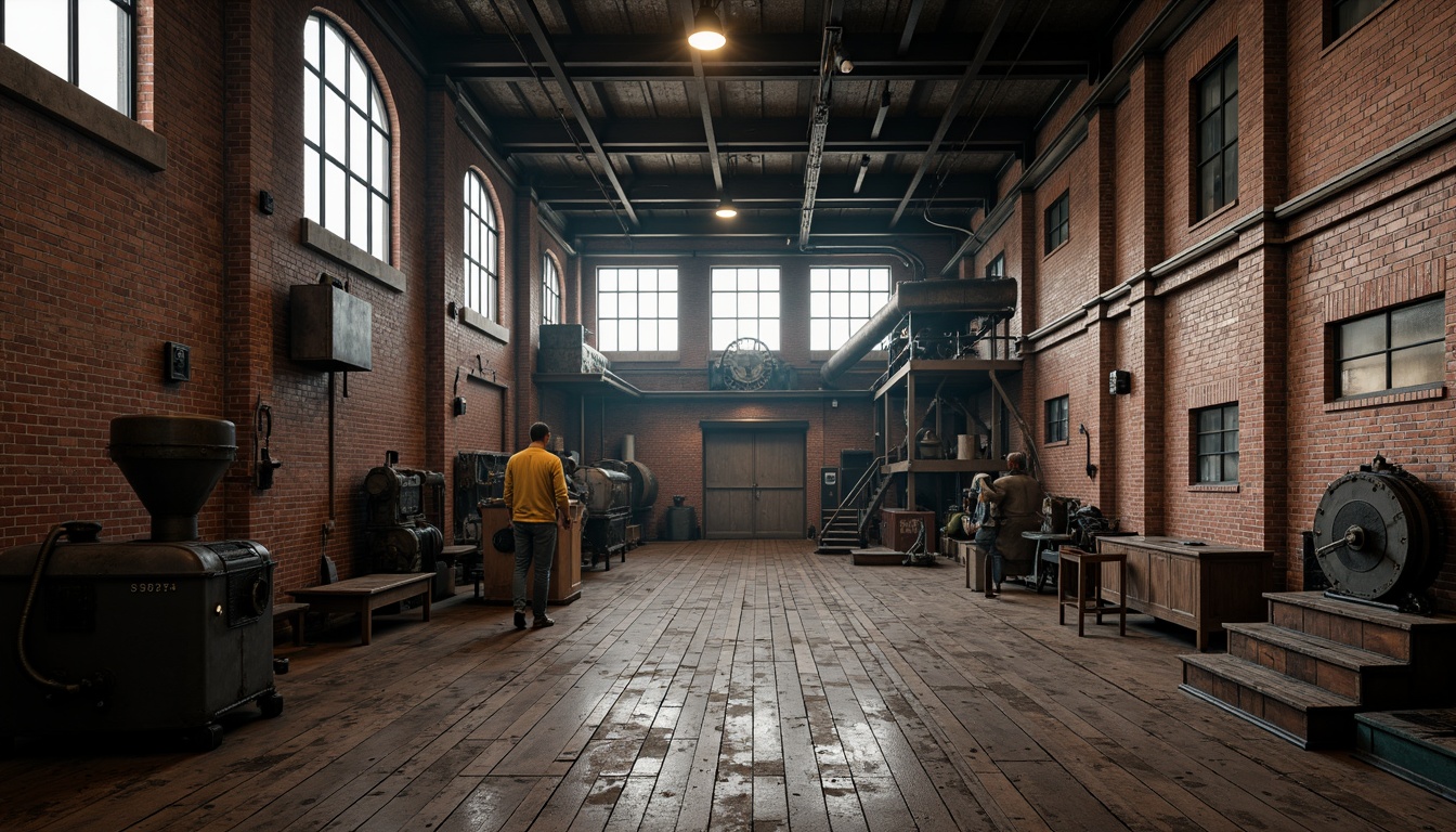 Prompt: Industrial factory setting, exposed brick walls, metal beams, worn wooden floors, vintage machinery, distressed textures, earthy tones, muted colors, rusty reds, weathered blues, faded yellows, industrial greys, urban atmosphere, gritty realism, high contrast lighting, dramatic shadows, cinematic composition, 1/2 camera angle, realistic renderings, ambient occlusion.