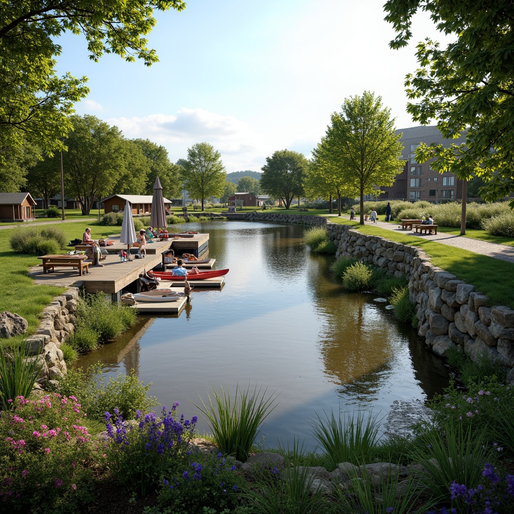 Prompt: Riverbank landscape, serene water flow, lush green vegetation, natural stone walls, wooden docks, sailboats, kayaks, paddleboards, scenic walking paths, benches, picnic areas, vibrant flowers, blooming trees, sunny day, soft warm lighting, shallow depth of field, 3/4 composition, panoramic view, realistic textures, ambient occlusion, gentle river breeze, misty atmosphere, rustic wooden bridges, meandering river streams, tranquil water reflections.