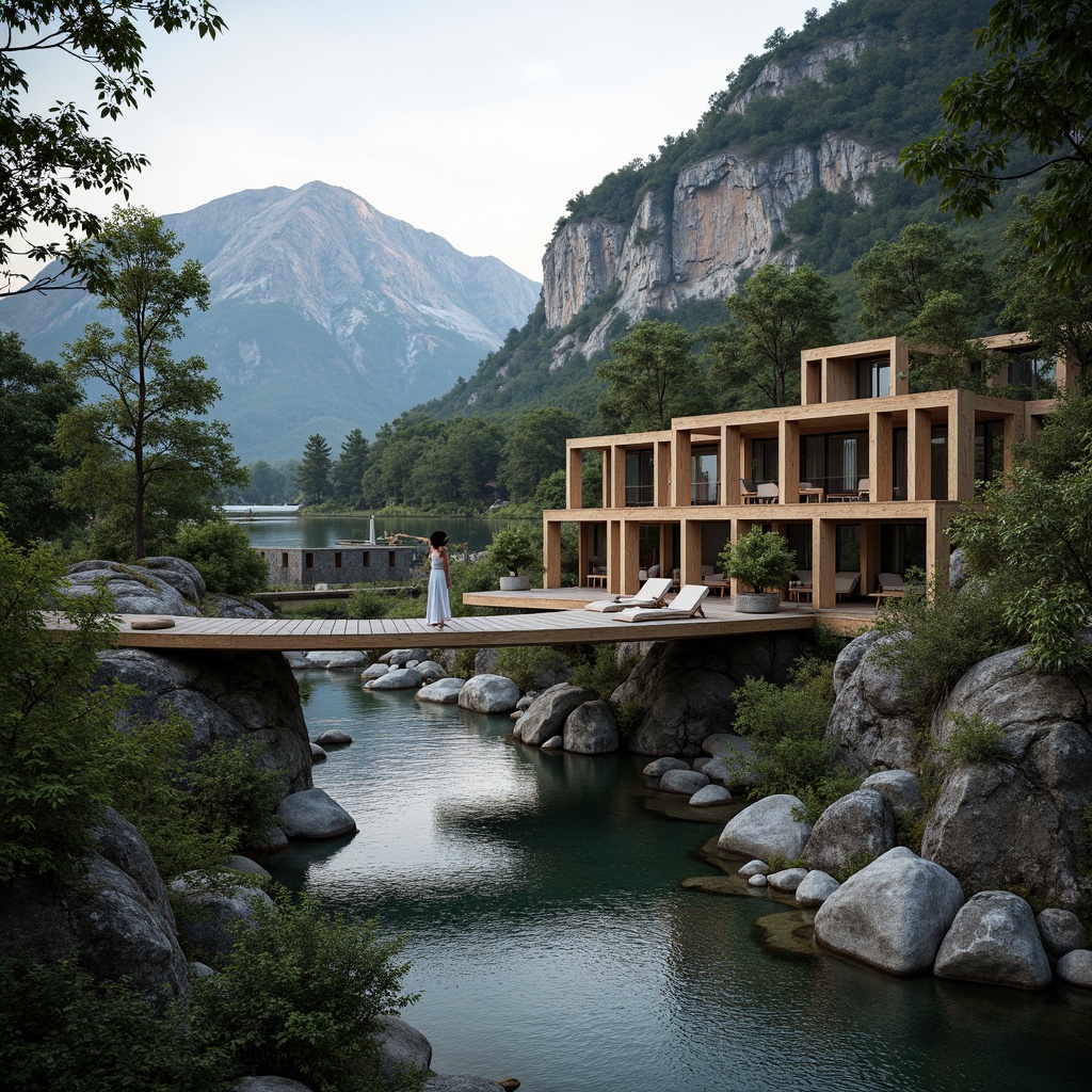 Prompt: Mountainous terrain, rugged cliffs, serene lakeside, lush green forests, meandering rivers, rustic wooden bridges, natural stone walls, cantilevered structures, angular lines, minimalist design, modern structuralist architecture, steel beams, glass facades, open floor plans, industrial materials, brutalist elements, earthy color palette, warm ambient lighting, shallow depth of field, 3/4 composition, panoramic view, realistic textures, ambient occlusion.