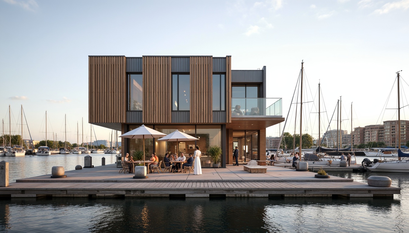 Prompt: Waterfront location, wooden dock, sailboats, modern boathouse, international style facade, large windows, sliding glass doors, minimalist design, neutral color palette, natural wood accents, corrugated metal roofing, cantilevered upper floor, outdoor seating area, nautical-themed decor, soft warm lighting, shallow depth of field, 1/1 composition, realistic textures, ambient occlusion.