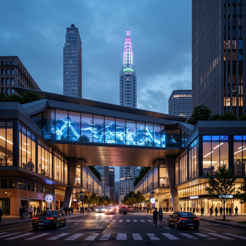 Prompt: Futuristic transportation hub, dynamic LED lighting, sleek metallic fa\u00e7ade, angular lines, minimalist design, cantilevered roofs, large glass windows, sliding doors, modern signage, urban landscape, busy streets, rush hour atmosphere, soft warm lighting, shallow depth of field, 3/4 composition, panoramic view, realistic textures, ambient occlusion, vibrant colorful accents, intricate geometric patterns, sustainable energy solutions, solar panels, green roofs, eco-friendly materials.